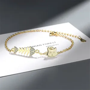 Cubic Zirconia & 18K Gold-Plated Fishbone & Cat Charm Bracelet