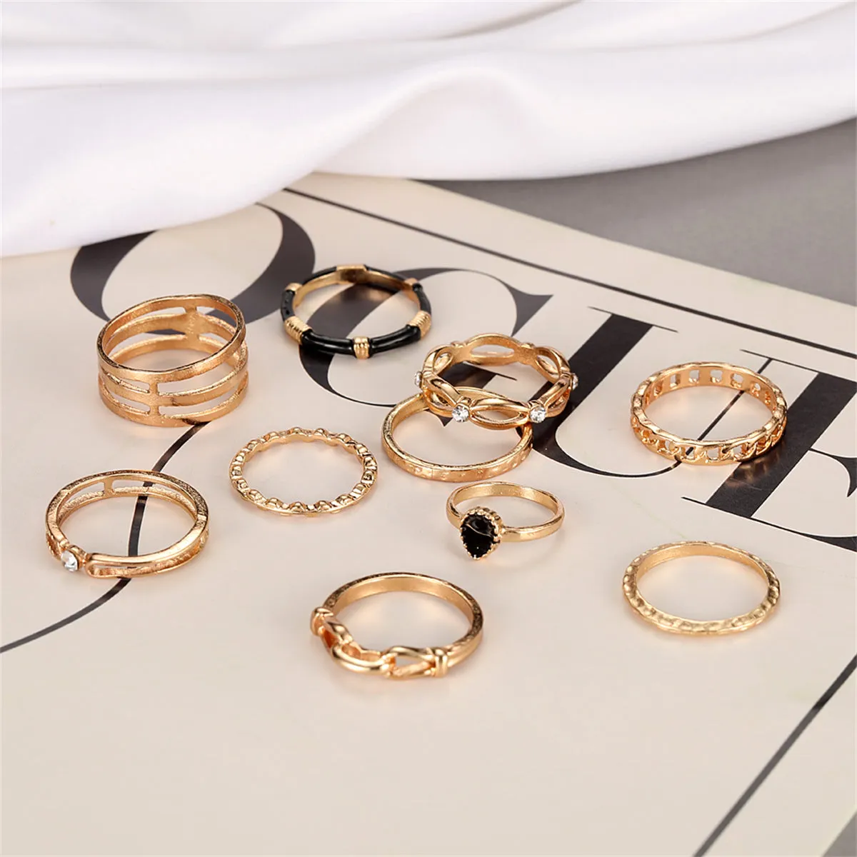 Cubic Zirconia & Enamel 18K Gold-Plated Layered Ring Set