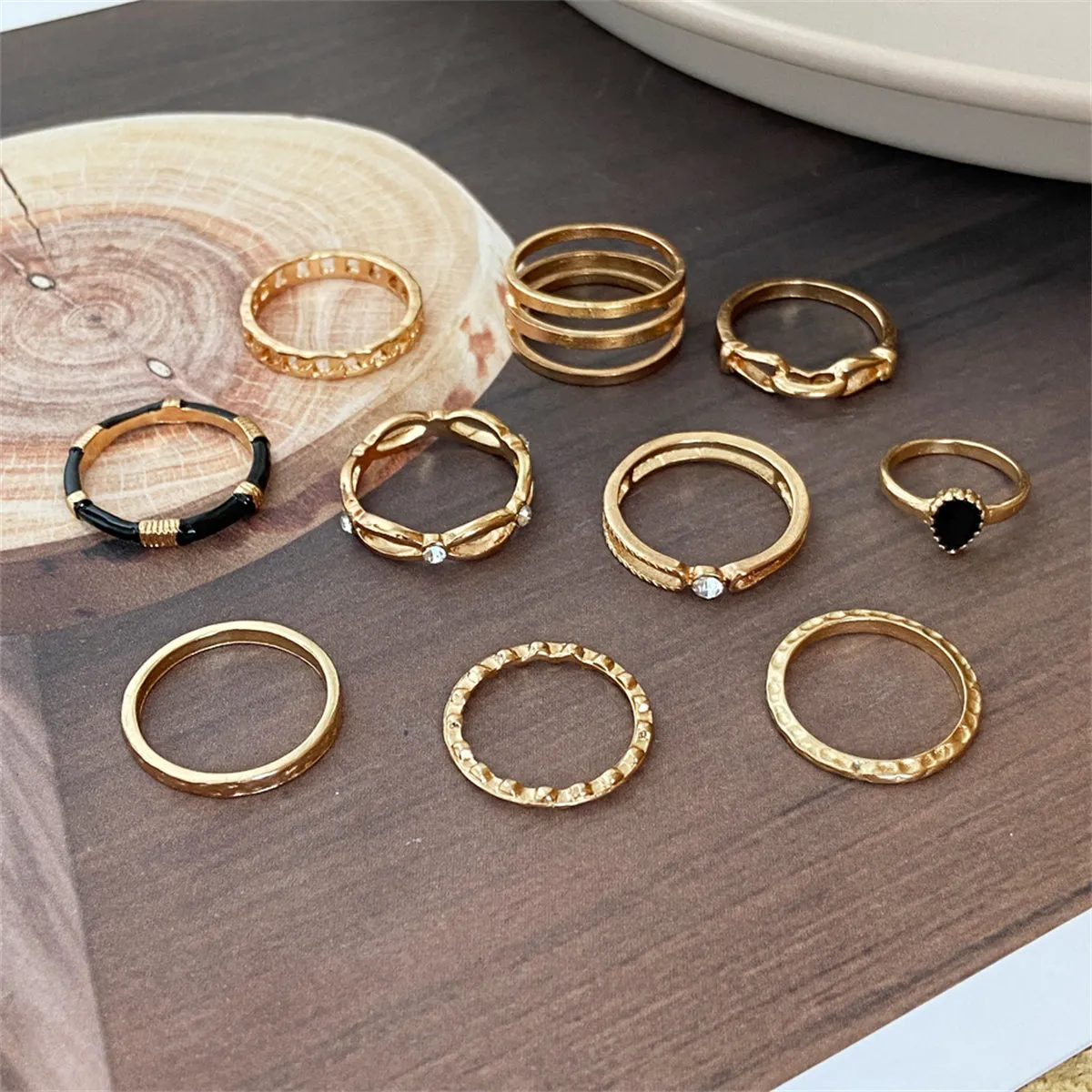 Cubic Zirconia & Enamel 18K Gold-Plated Layered Ring Set