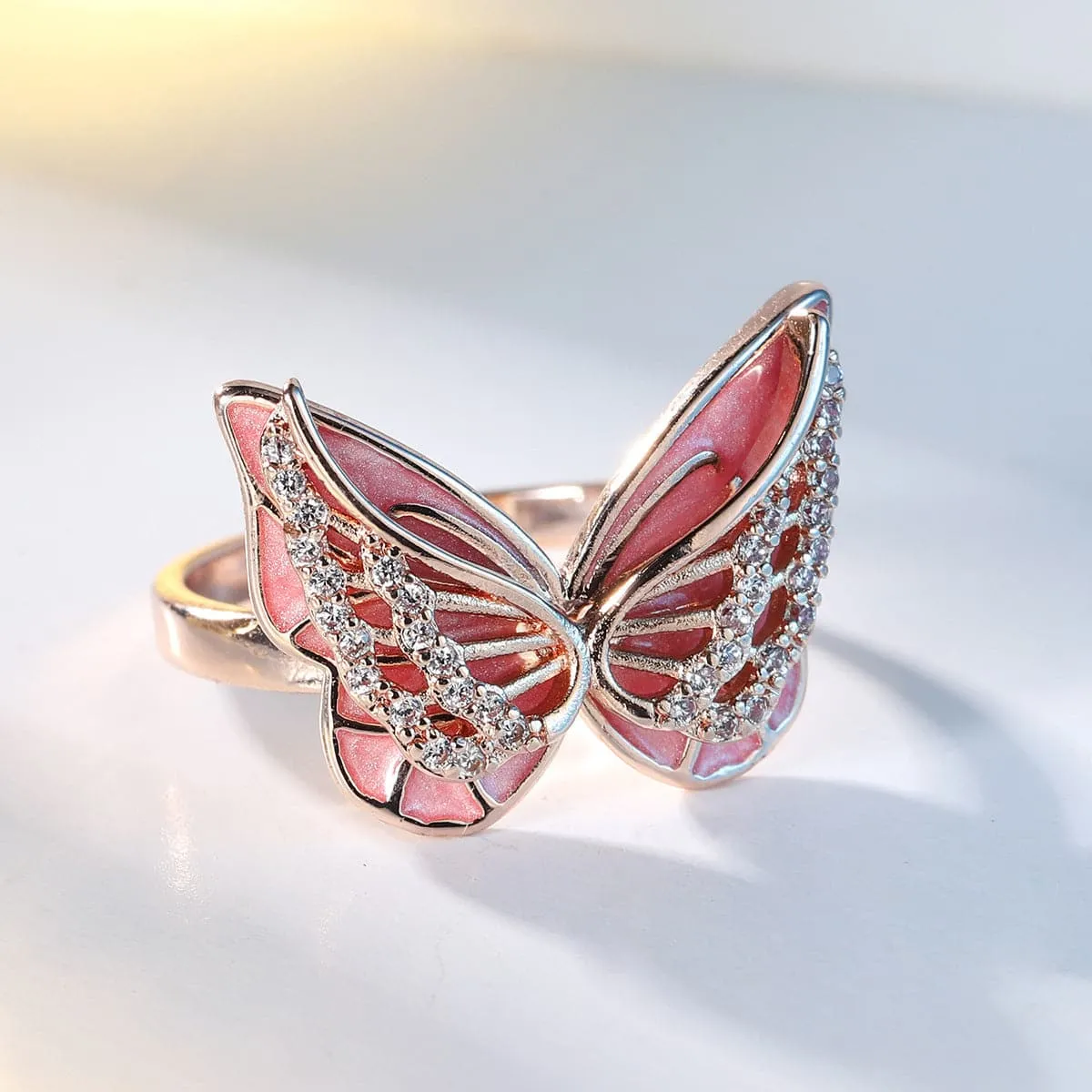 Cubic Zirconia & Enamel 18K Rose Gold-Plated Butterfly Ring