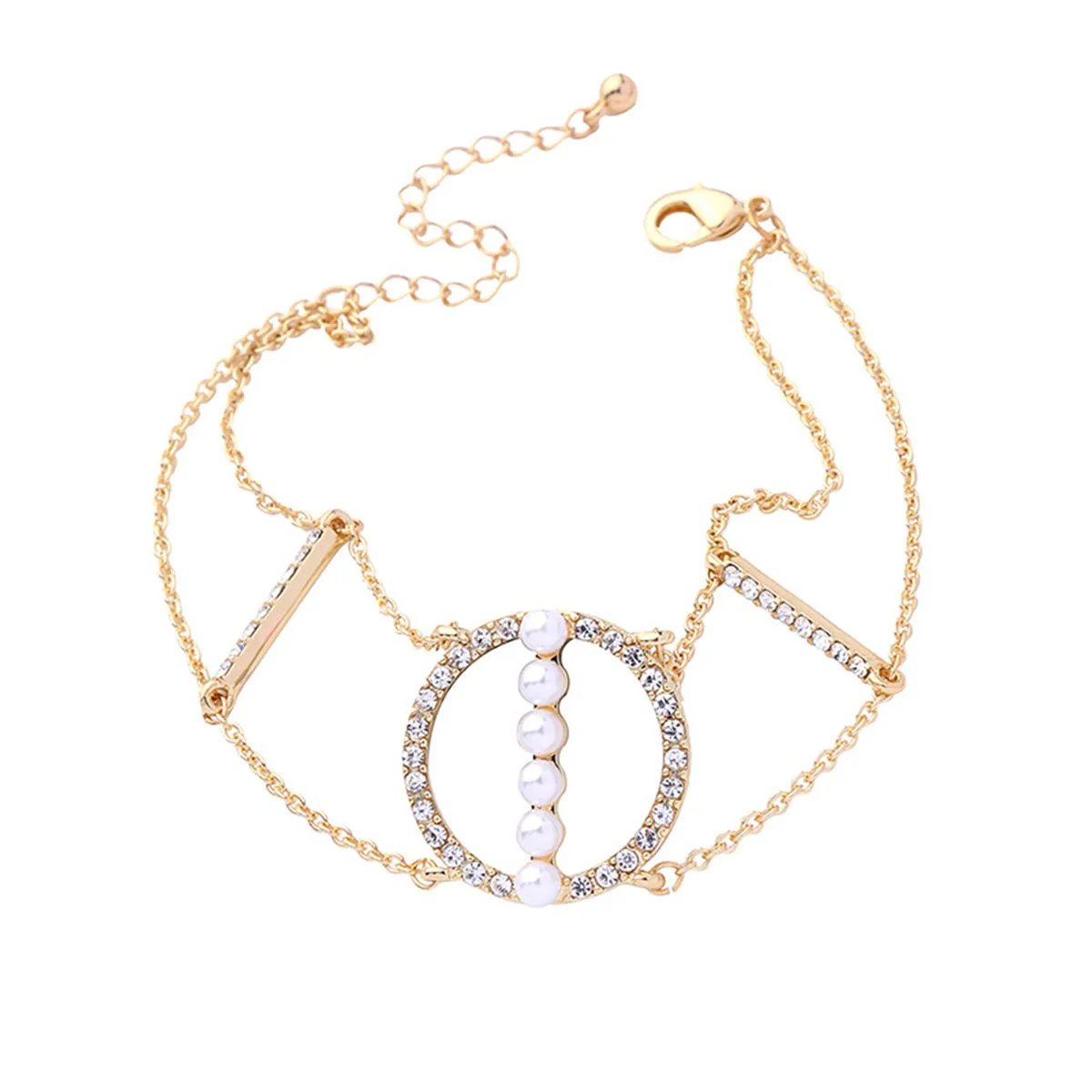 Cubic Zirconia & Pearl 18K Gold-Plated Open Circle Layered Bracelet