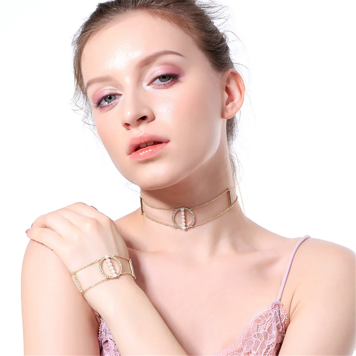 Cubic Zirconia & Pearl 18K Gold-Plated Open Circle Layered Bracelet