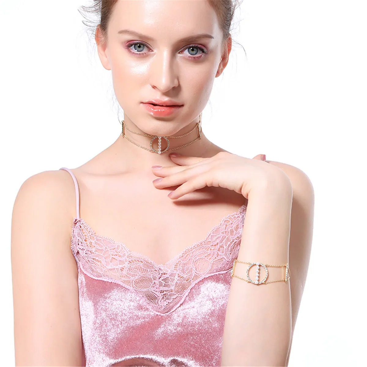 Cubic Zirconia & Pearl 18K Gold-Plated Open Circle Layered Bracelet