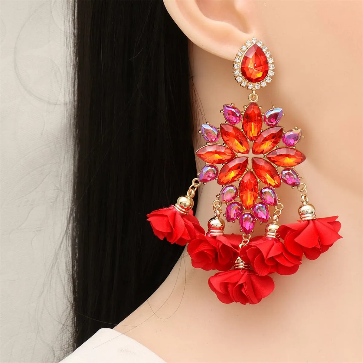 Cubic Zirconia & Red Crystal Floral Marquise Chandelier Drop Earrings