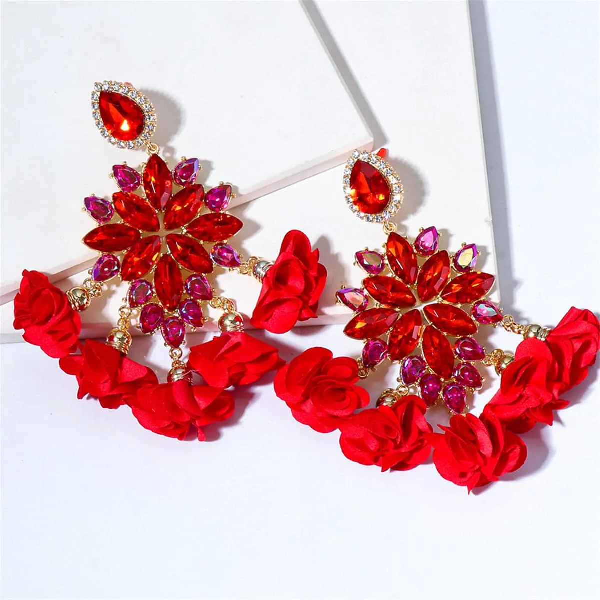 Cubic Zirconia & Red Crystal Floral Marquise Chandelier Drop Earrings