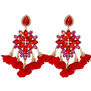 Cubic Zirconia & Red Crystal Floral Marquise Chandelier Drop Earrings