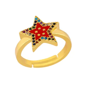 Cubic Zirconia & Red Enamel Star Adjustable Ring