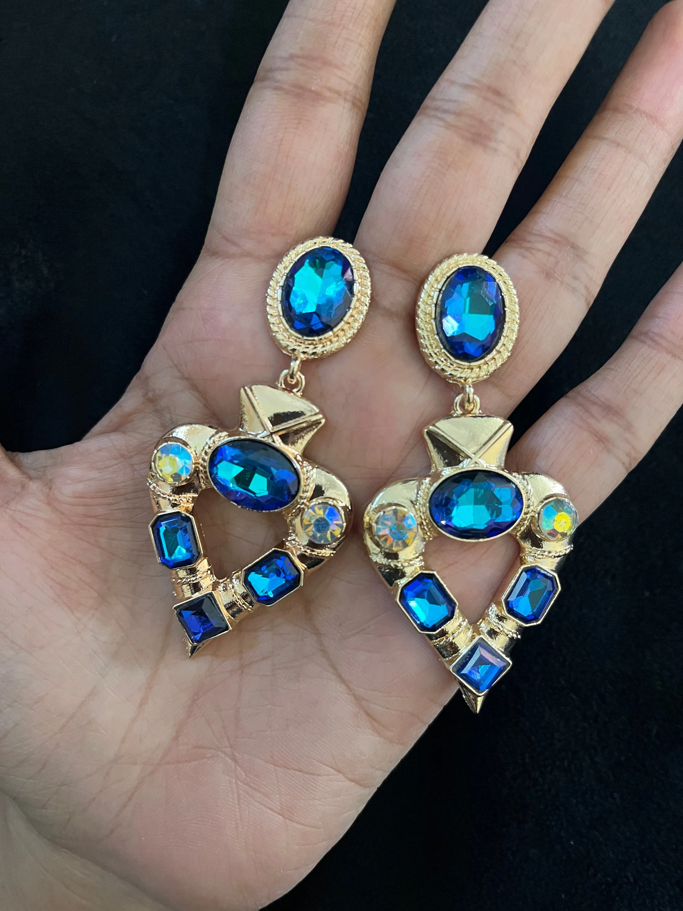 Dark blue earrings , big blue earrings , teal earrings , blue crystal earrings , blue Ab earrings , teal blue earrings , blue gold