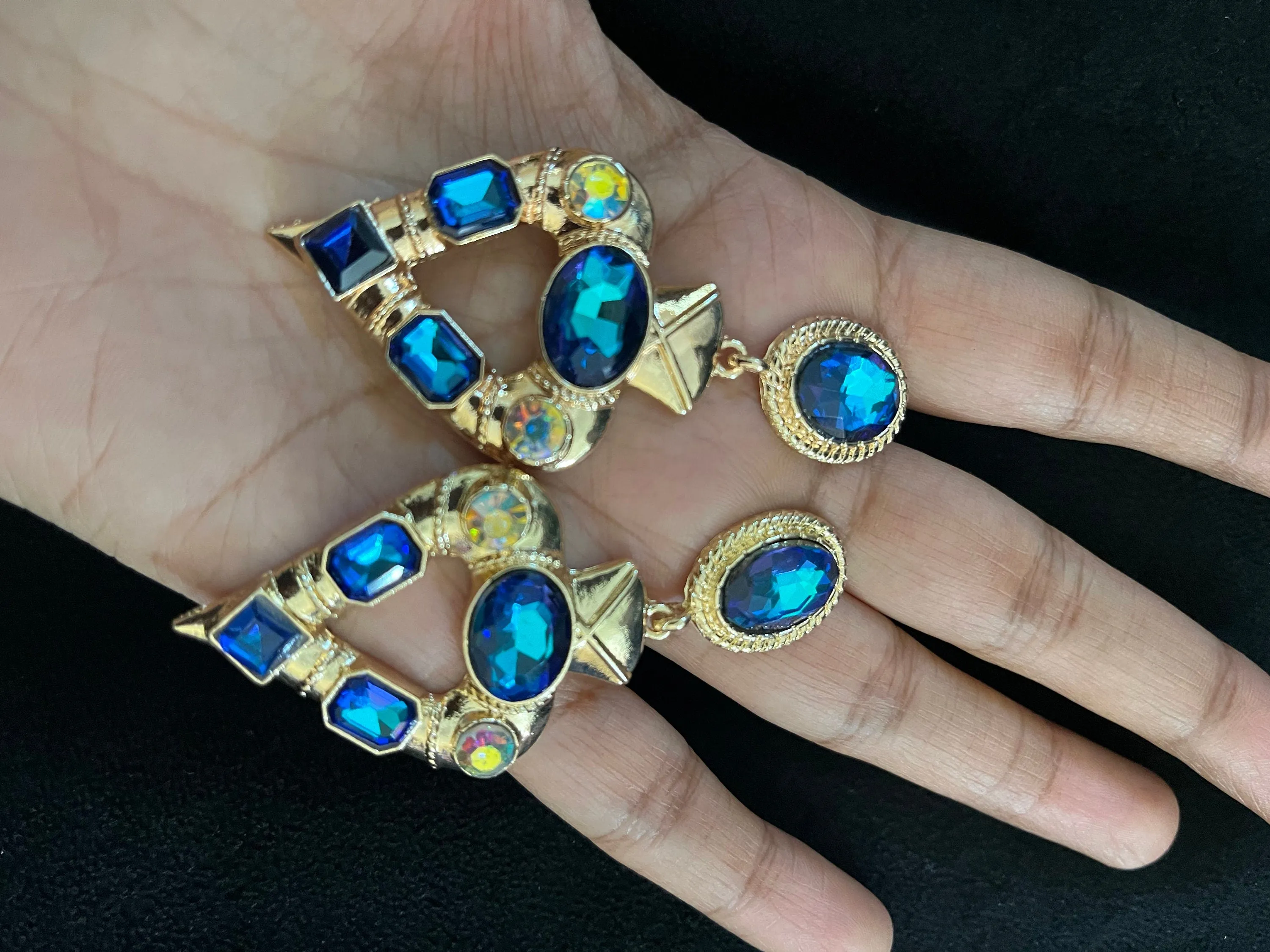 Dark blue earrings , big blue earrings , teal earrings , blue crystal earrings , blue Ab earrings , teal blue earrings , blue gold