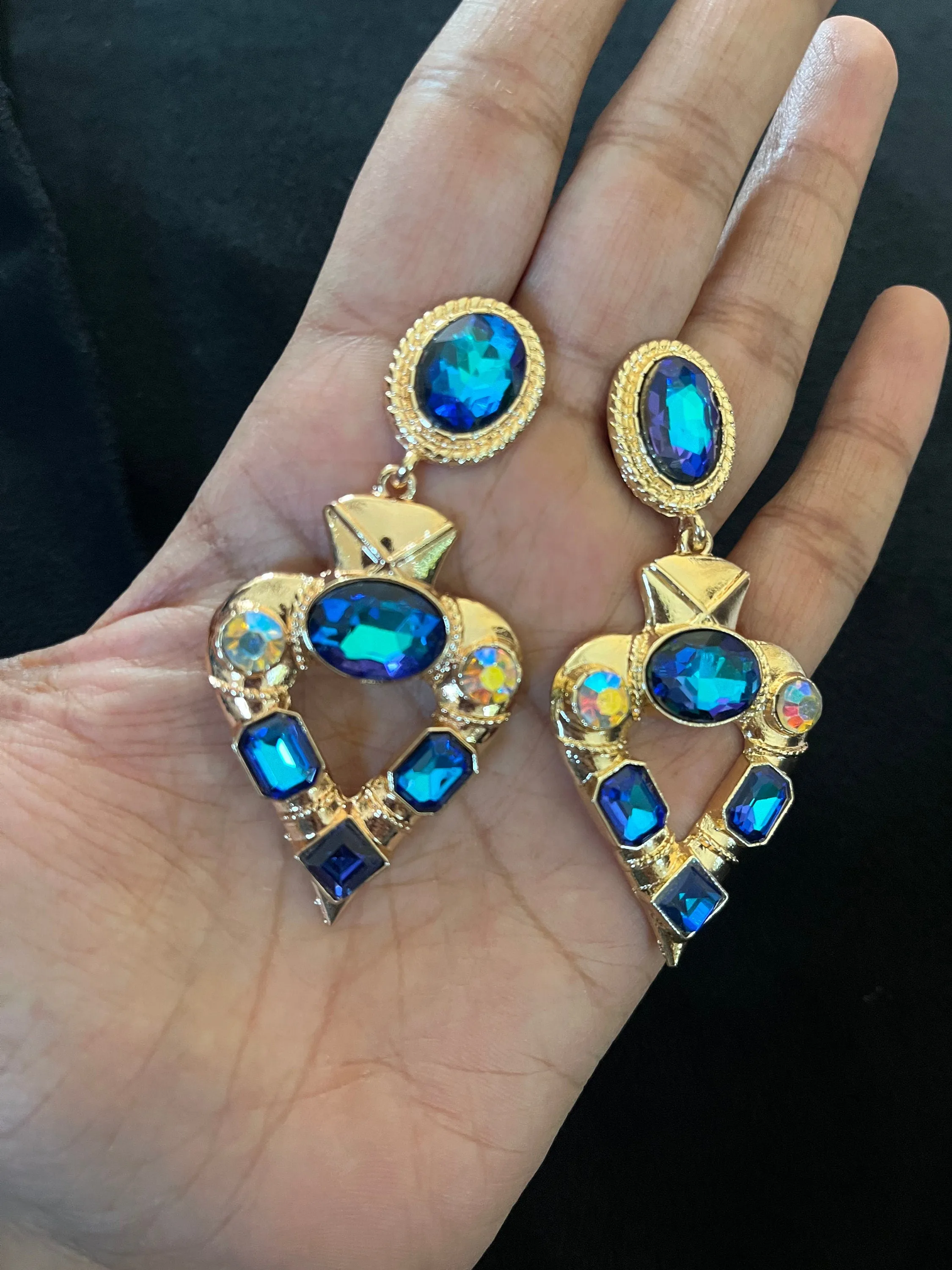 Dark blue earrings , big blue earrings , teal earrings , blue crystal earrings , blue Ab earrings , teal blue earrings , blue gold