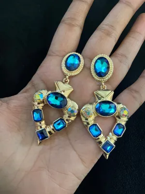 Dark blue earrings , big blue earrings , teal earrings , blue crystal earrings , blue Ab earrings , teal blue earrings , blue gold