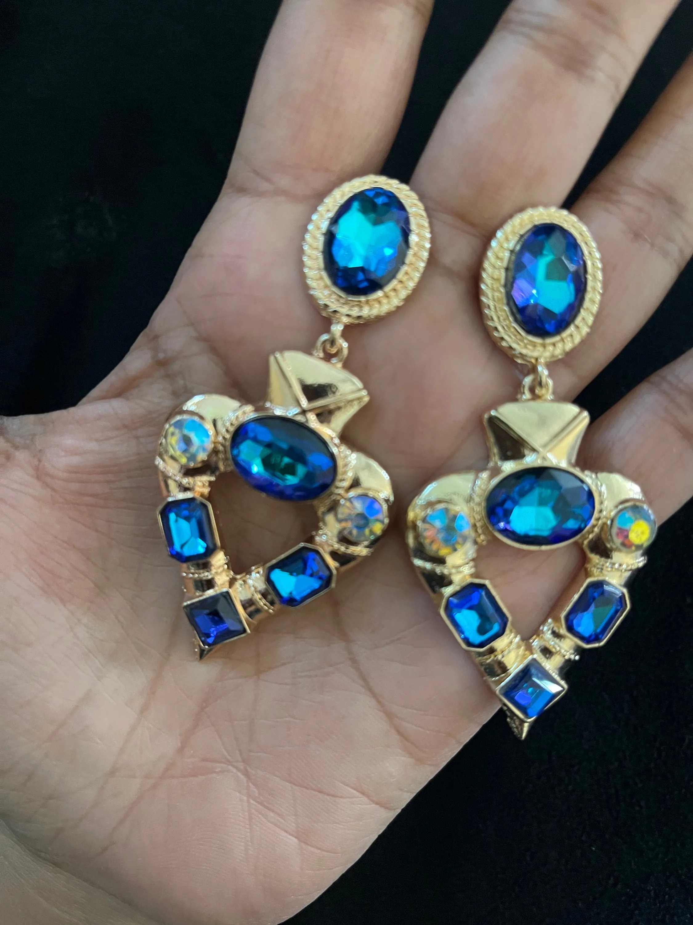 Dark blue earrings , big blue earrings , teal earrings , blue crystal earrings , blue Ab earrings , teal blue earrings , blue gold