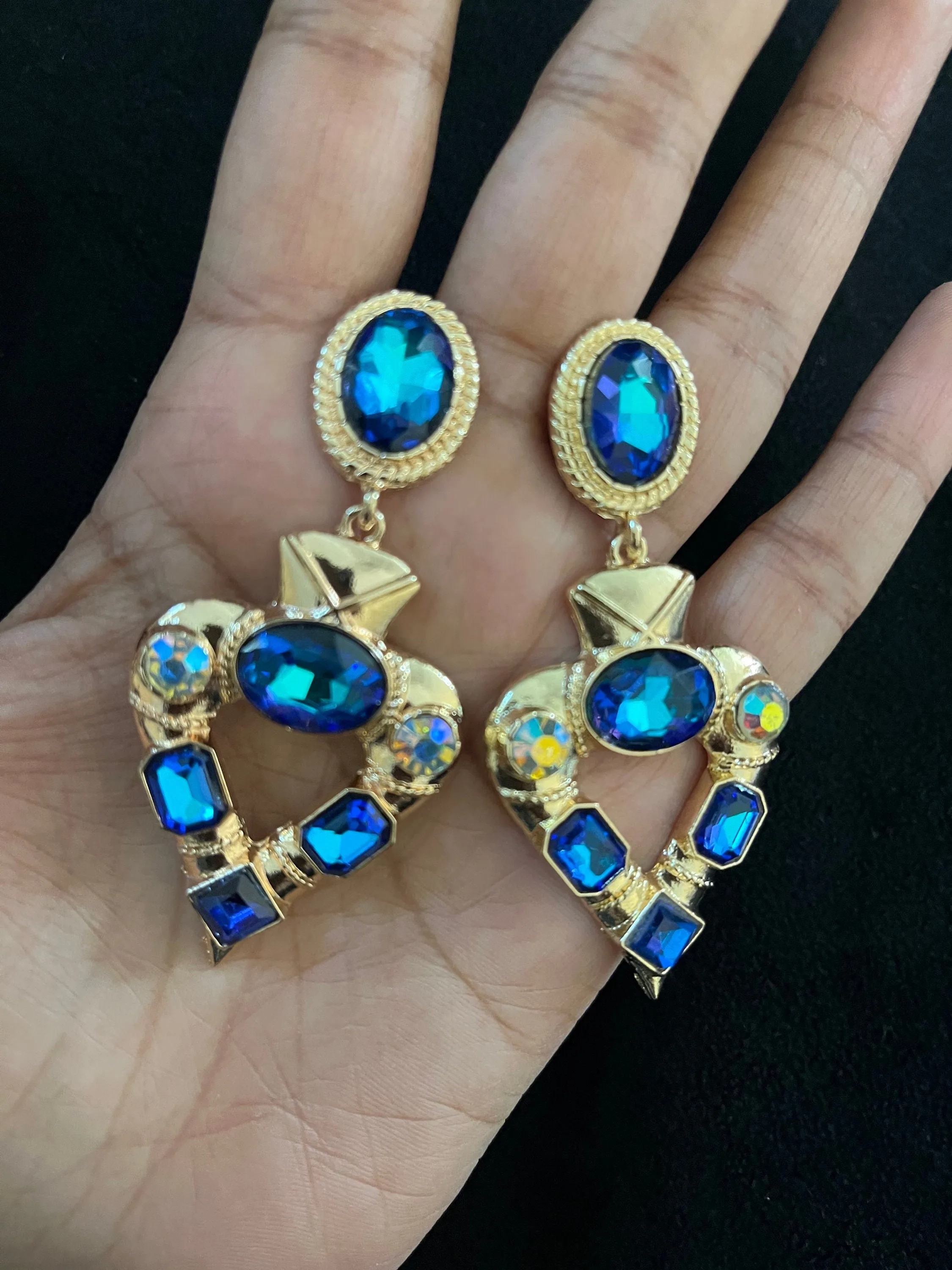 Dark blue earrings , big blue earrings , teal earrings , blue crystal earrings , blue Ab earrings , teal blue earrings , blue gold