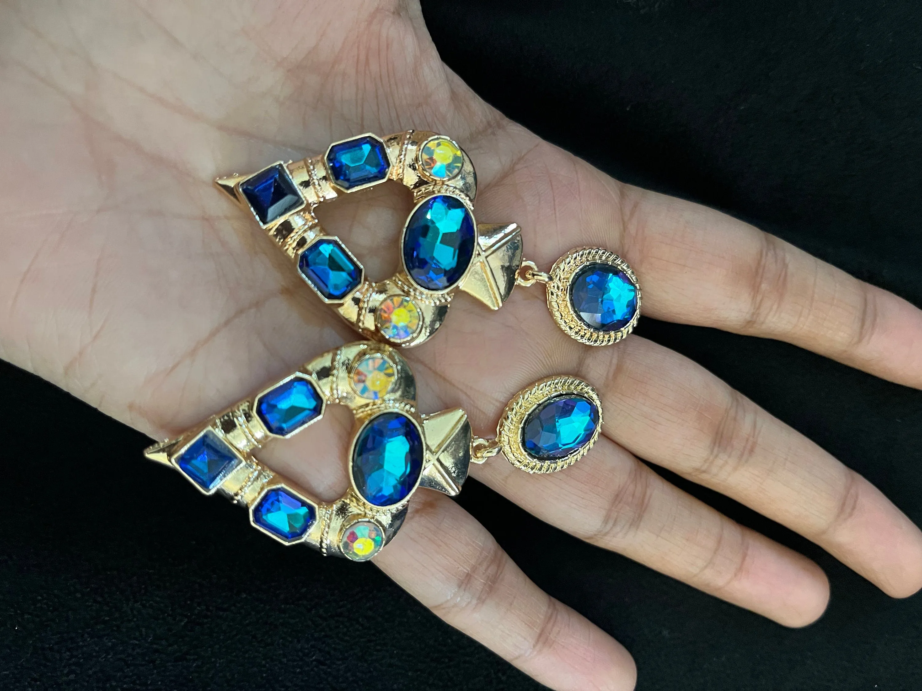 Dark blue earrings , big blue earrings , teal earrings , blue crystal earrings , blue Ab earrings , teal blue earrings , blue gold