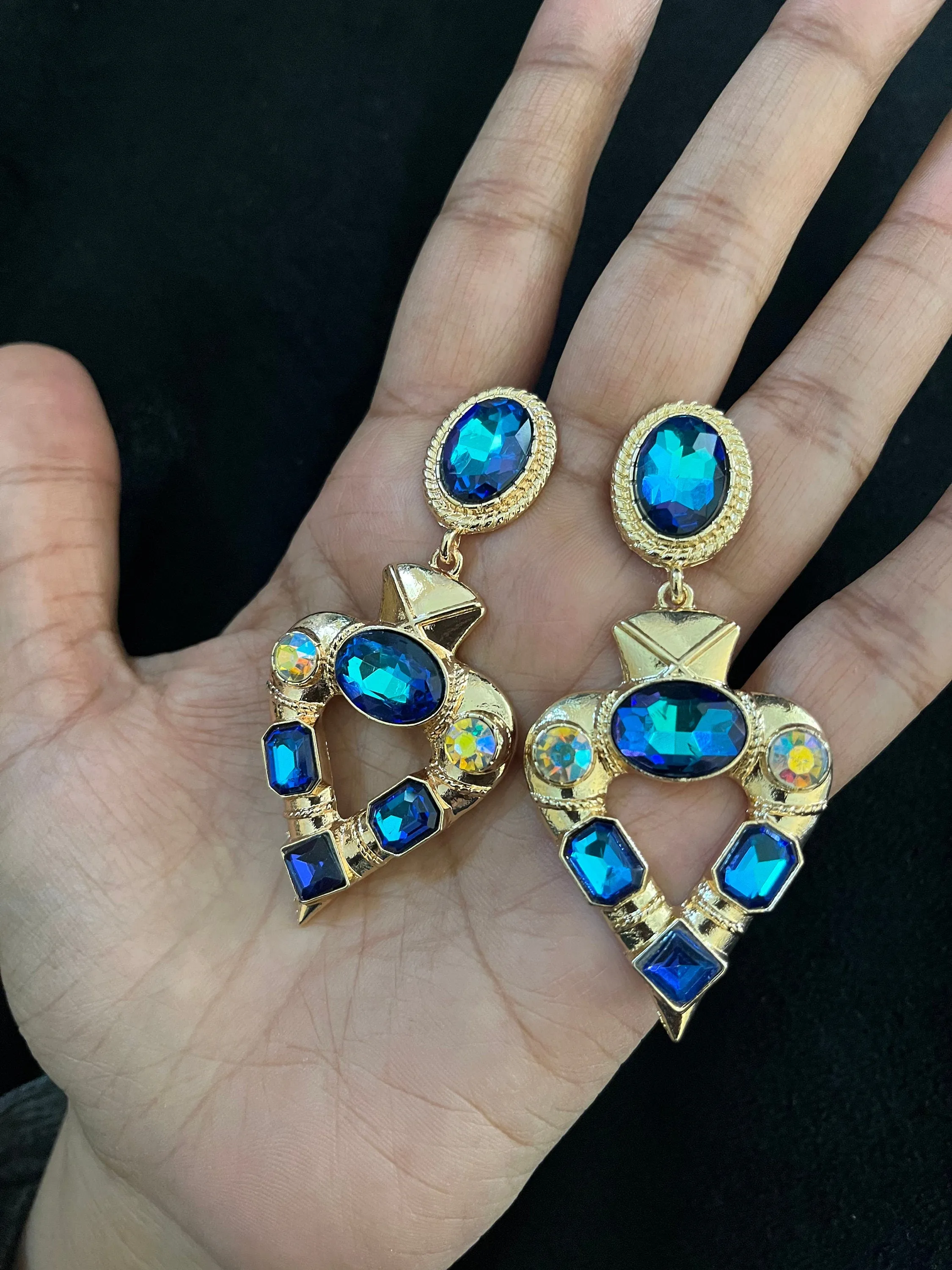 Dark blue earrings , big blue earrings , teal earrings , blue crystal earrings , blue Ab earrings , teal blue earrings , blue gold