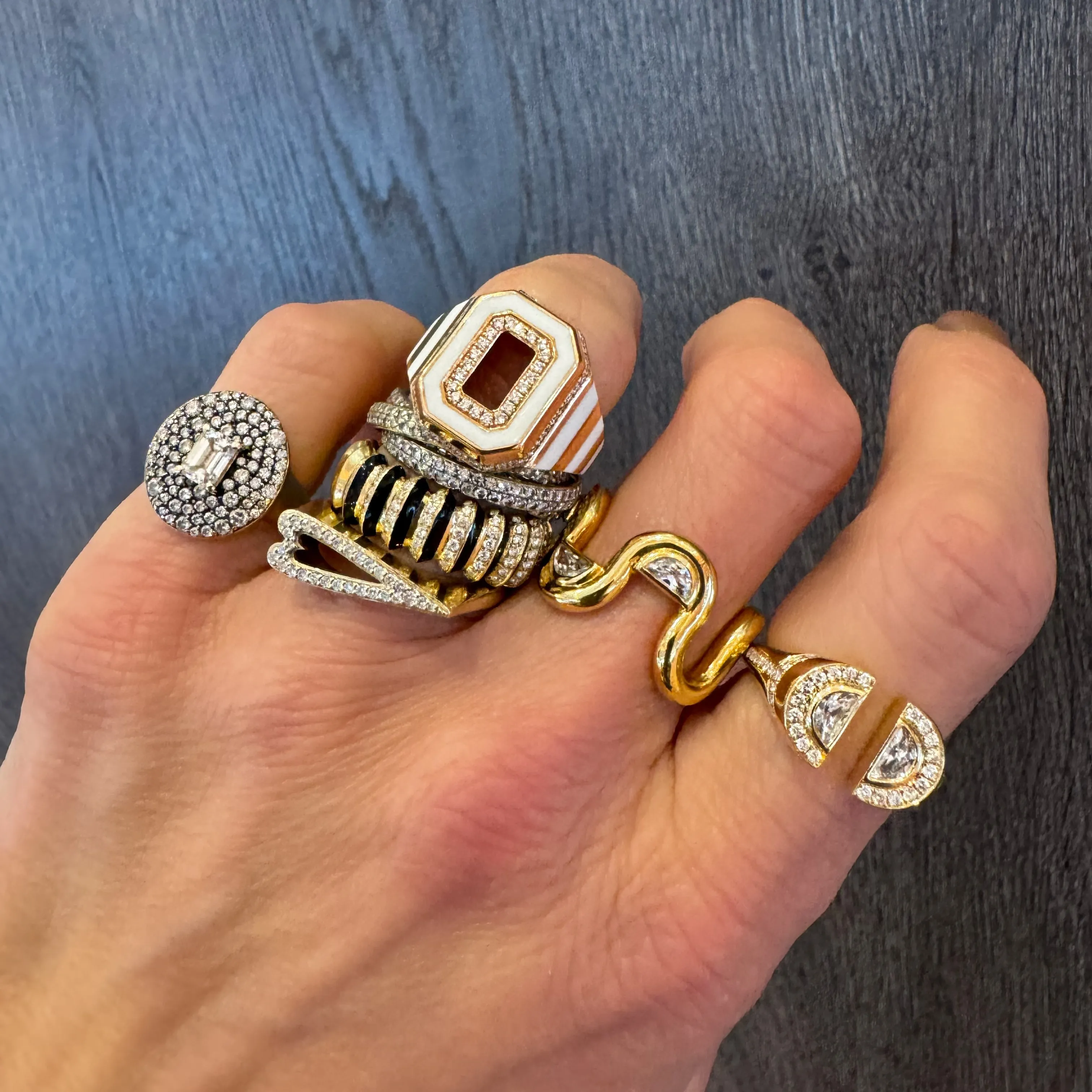 Diamond Borsh Bone White or Jet Black Enamel Band Ring