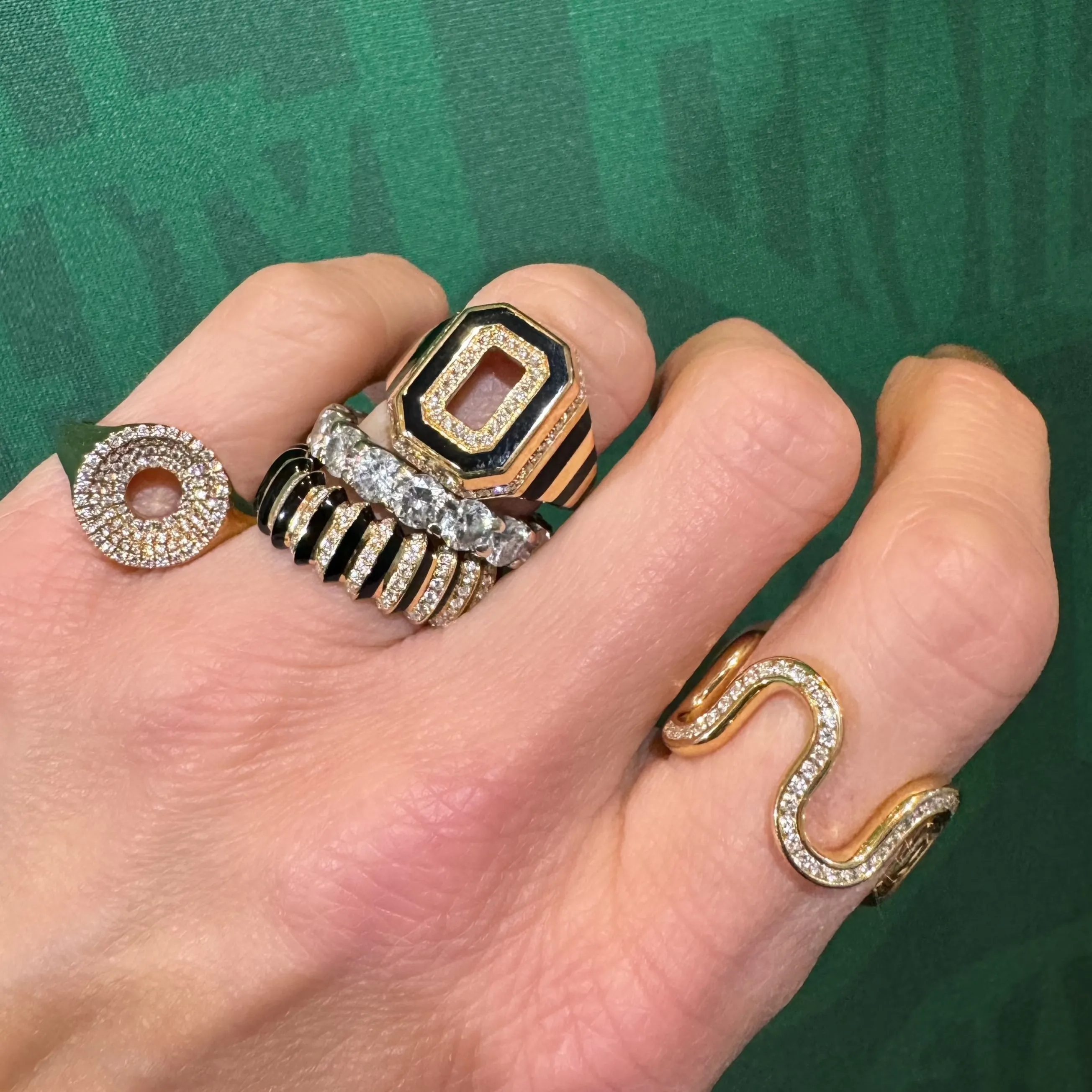 Diamond Borsh Bone White or Jet Black Enamel Band Ring