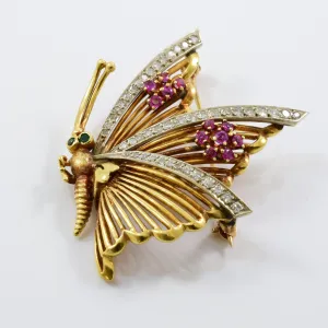 Diamond, Ruby and Emerald Butterfly 18k Brooch | 0.45 ctw, 0.25ctw, 0.03ctw |