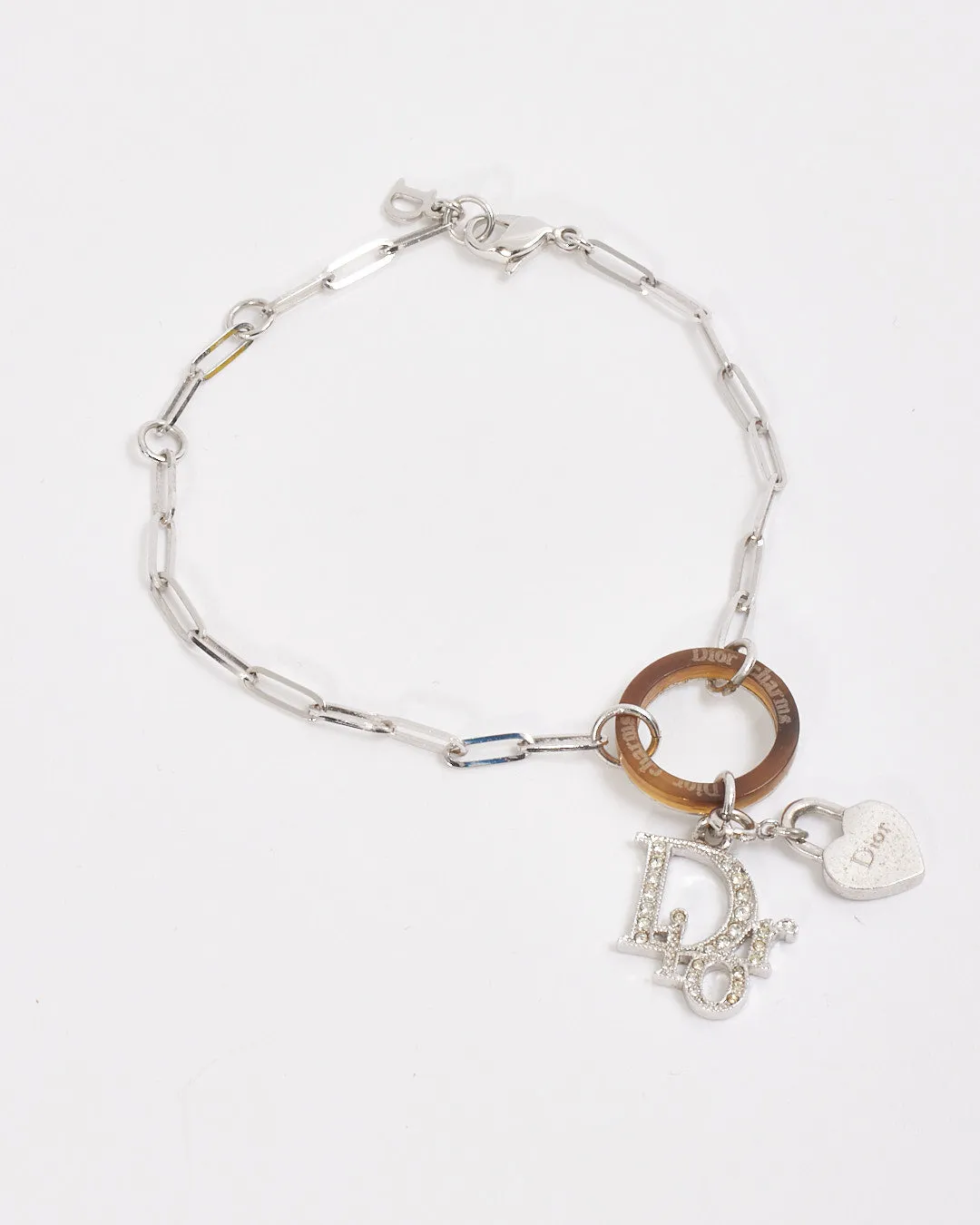 Dior Silver Link Chain Crystal Logo Bracelet