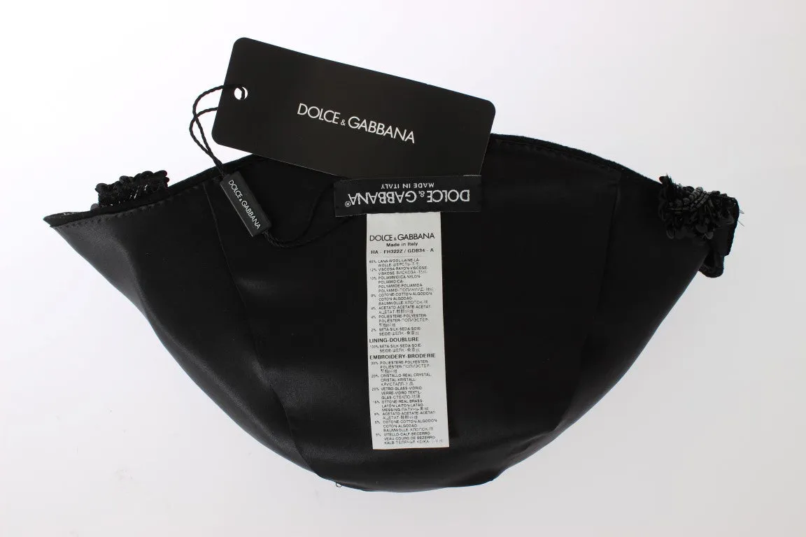 Dolce & Gabbana Elegant Black Crystal-Adorned Cloche Hat