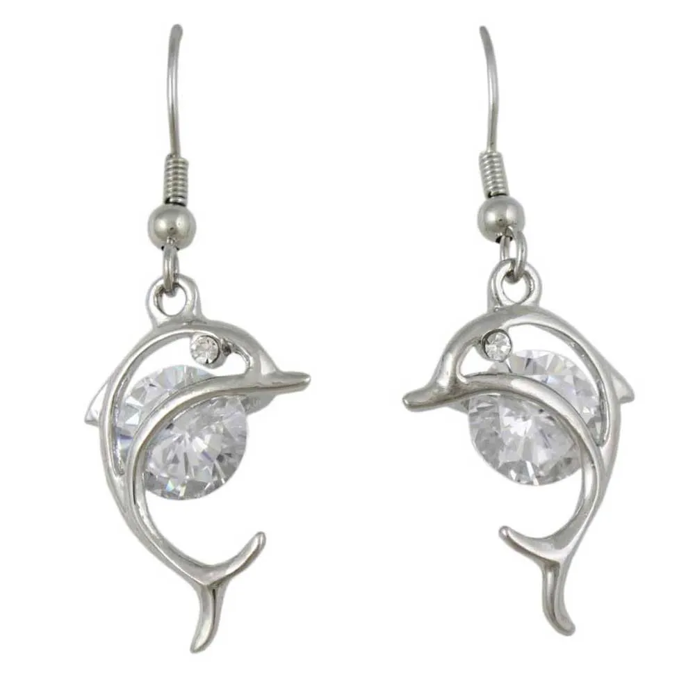 Dolphin with Large Crystal Dangling Pierced Earring - REC906B