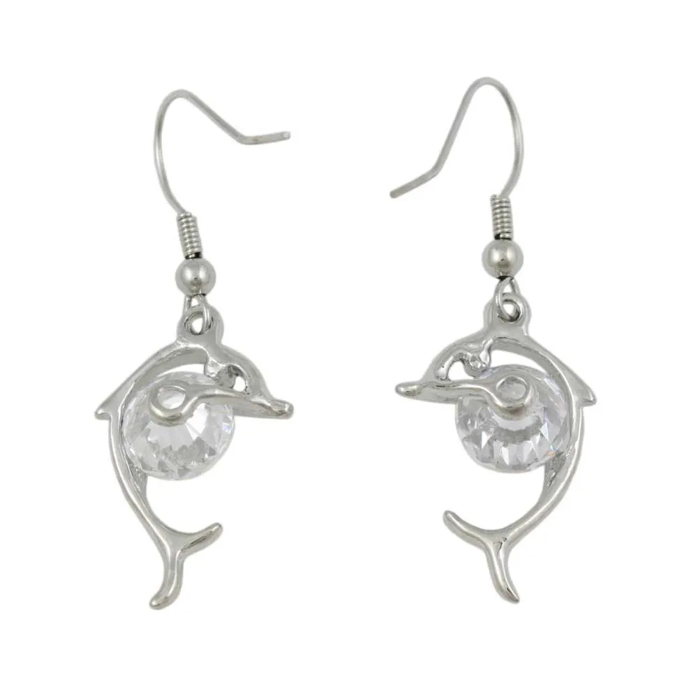 Dolphin with Large Crystal Dangling Pierced Earring - REC906B