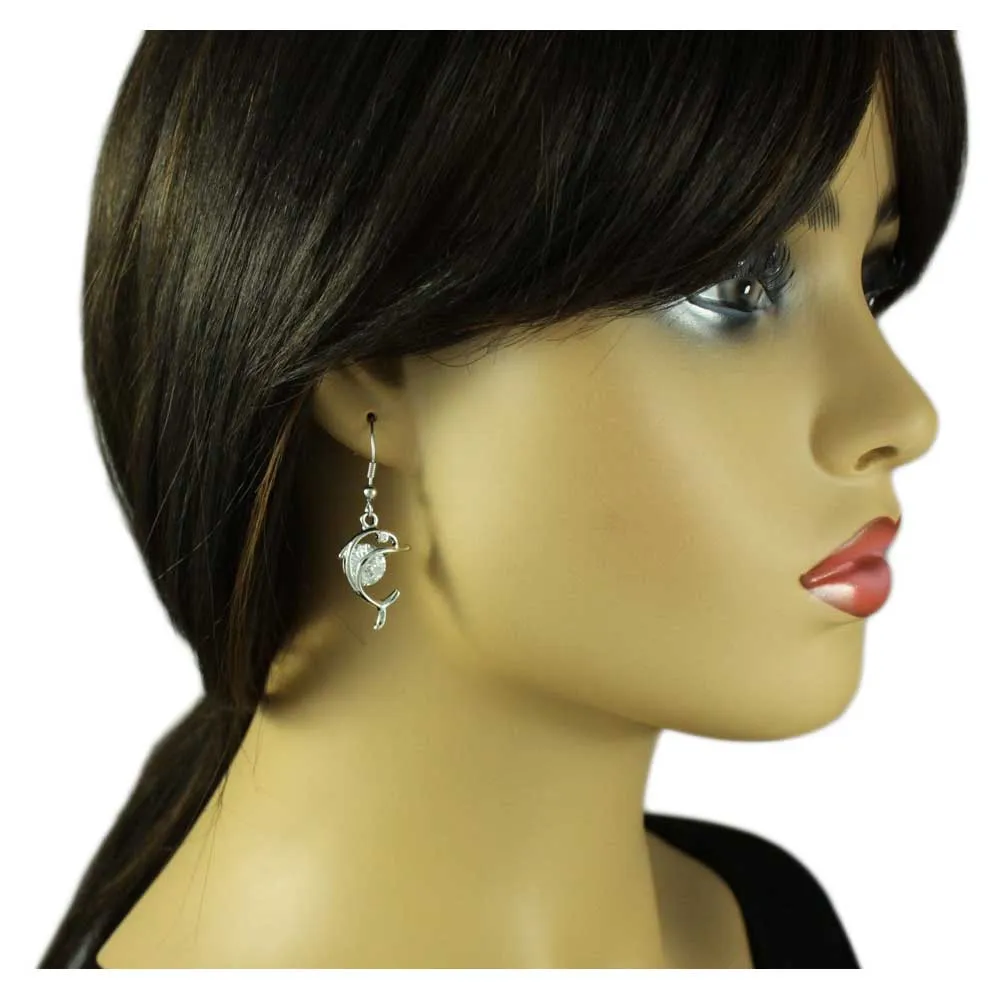 Dolphin with Large Crystal Dangling Pierced Earring - REC906B