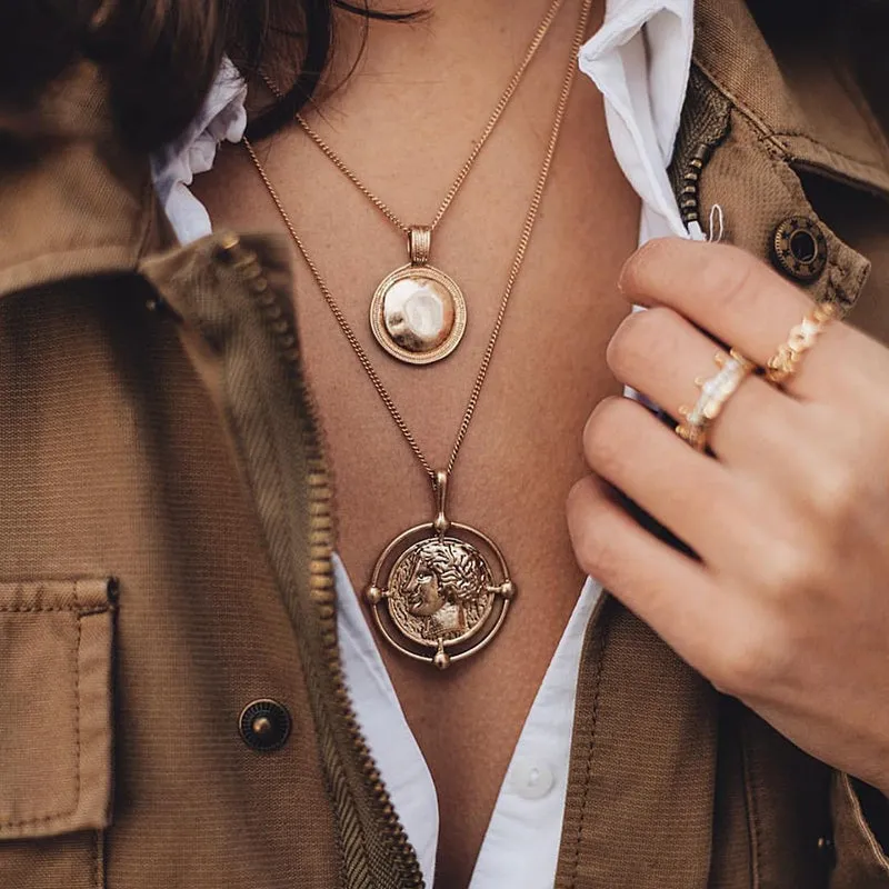 Double layer Pendant Necklace 14kt Retro Gold Women's Wedding Jewelry