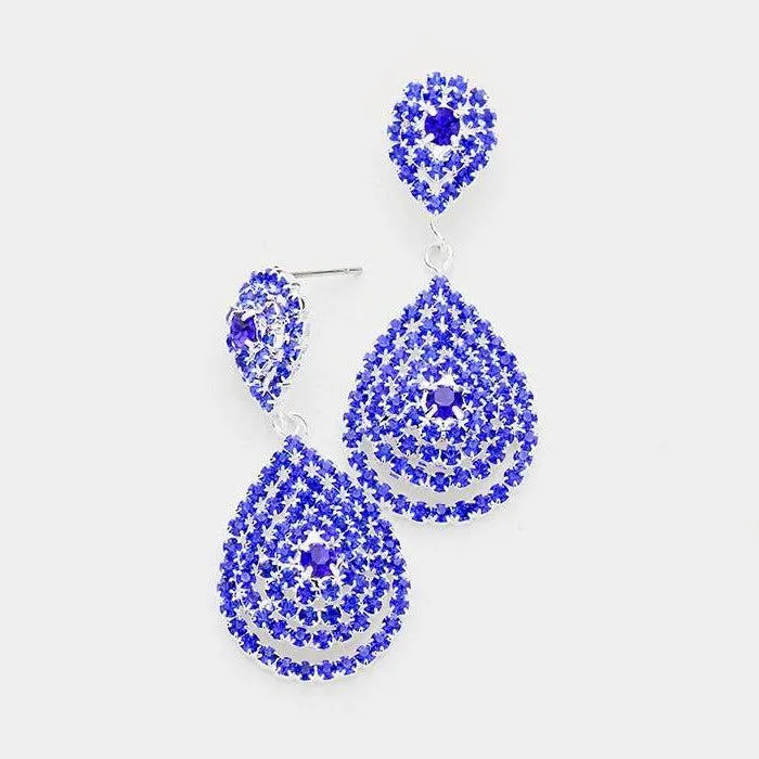 Double Teardrop Blue Crystal Evening Earrings