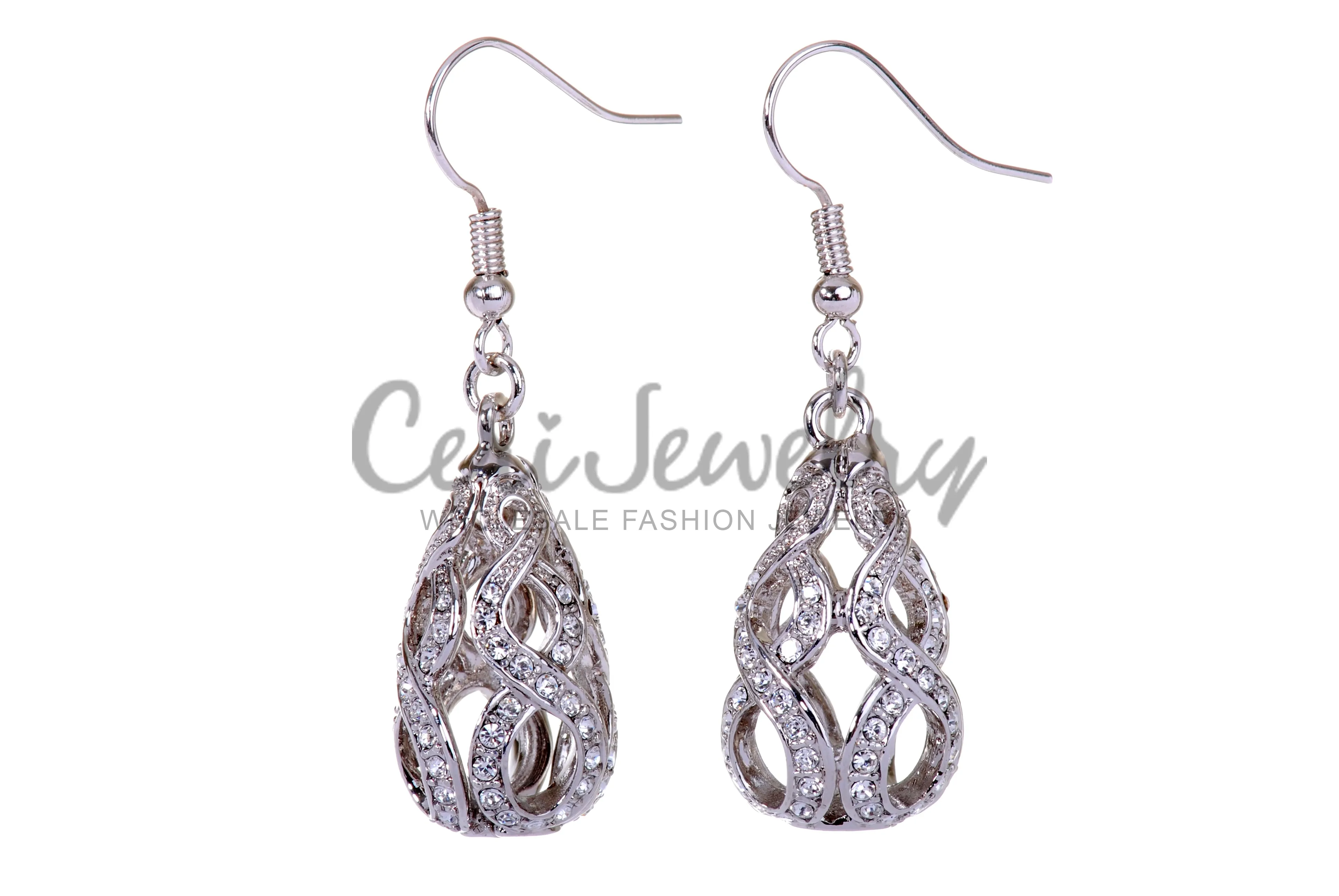 E7146 Sperichal Teardop Rhodium Plated Swarovski Elements Crystal Drop Earrings