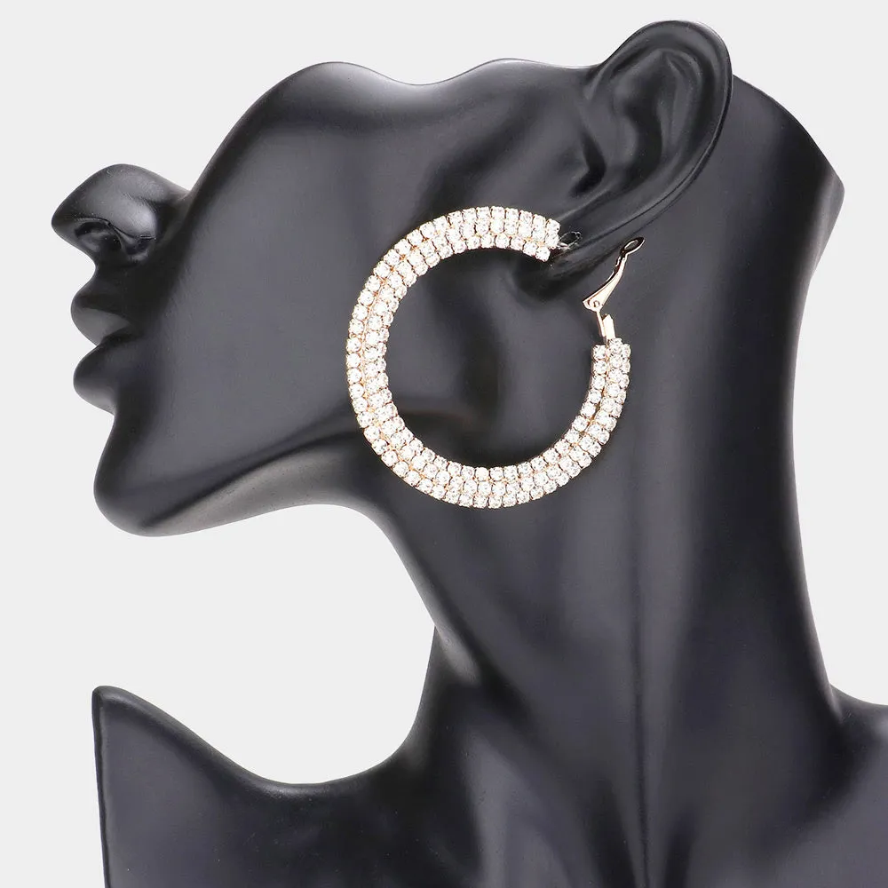 Elegant 3 Row Rhinestone Hoop Earrings on Gold | 2.25" | 585249