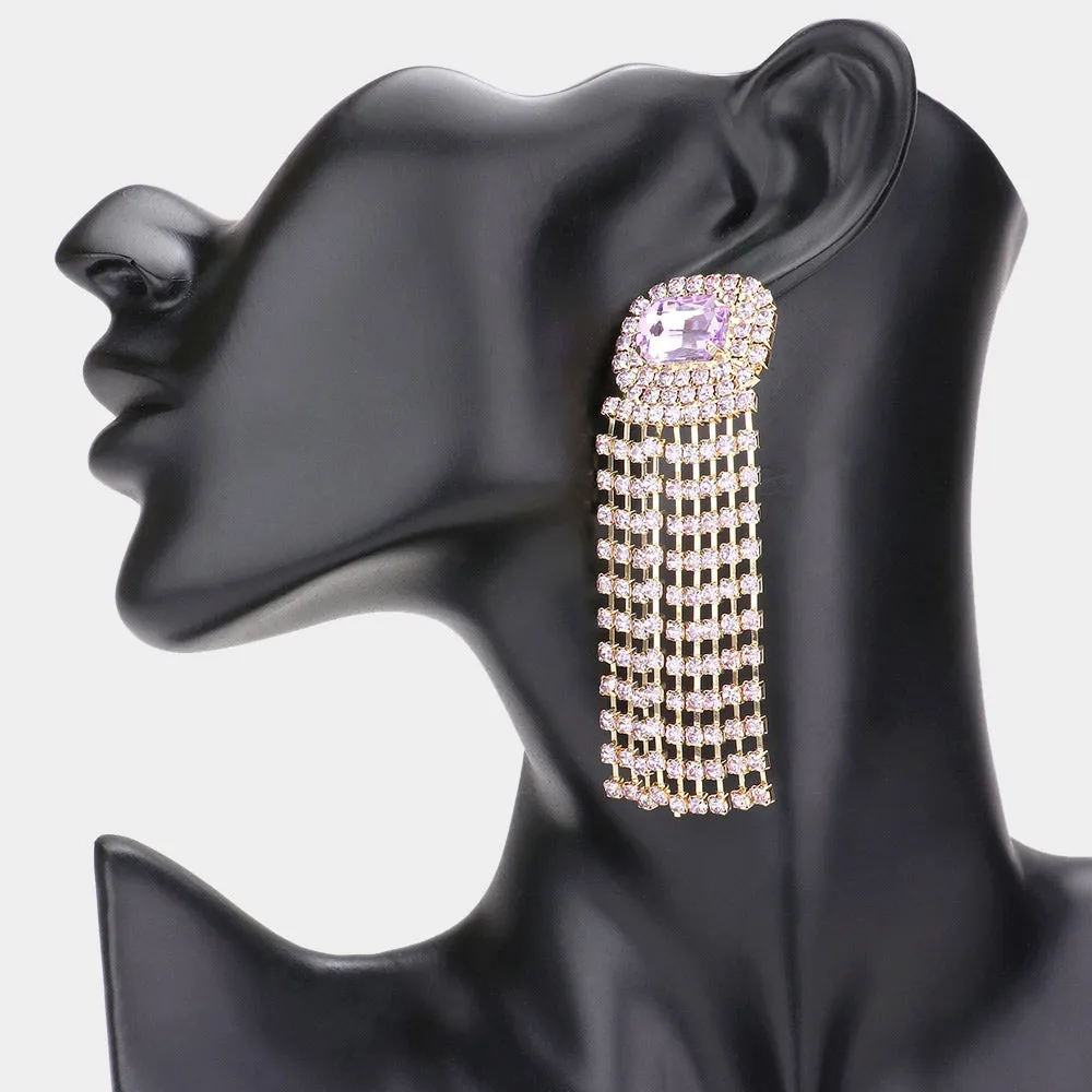 Emerald Cut Lavender Stone and Rhinestone Fringe Pageant Earrings  | Prom Earrings | 590031