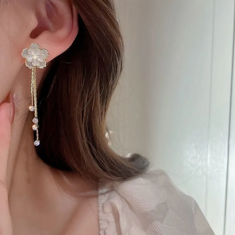 Enamel Camellia Flower Rhinestone Chain Tassel Earrings