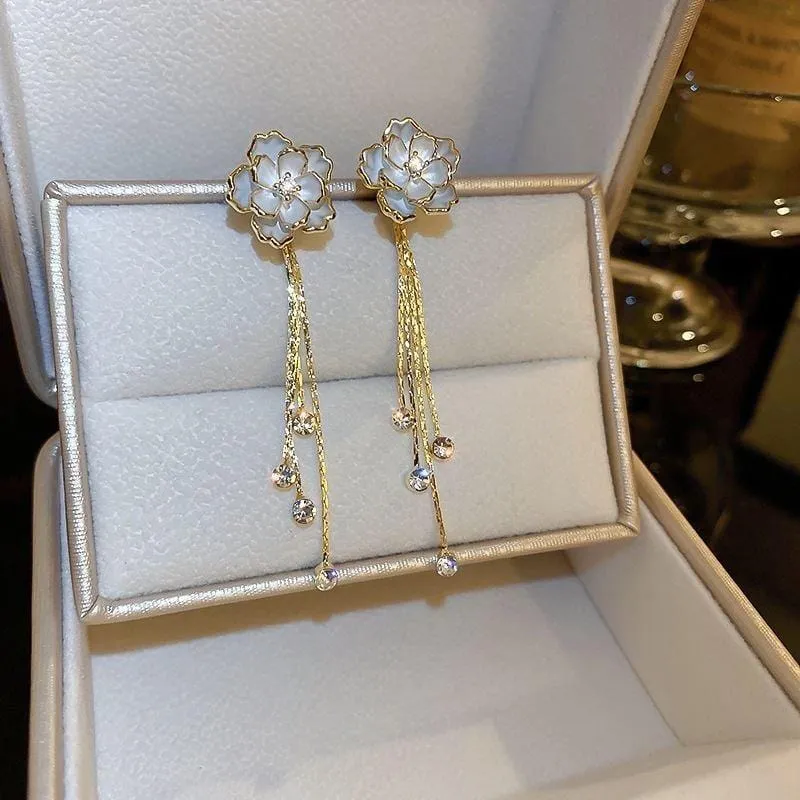 Enamel Camellia Flower Rhinestone Chain Tassel Earrings