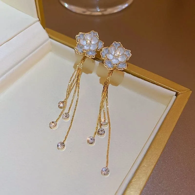 Enamel Camellia Flower Rhinestone Chain Tassel Earrings