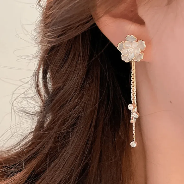 Enamel Camellia Flower Rhinestone Chain Tassel Earrings