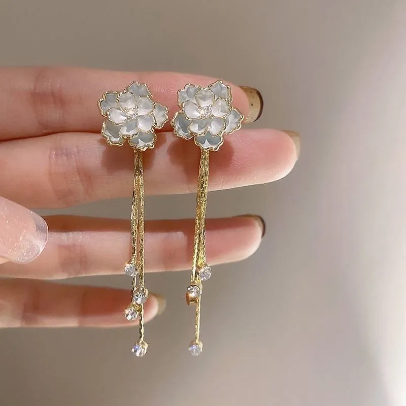 Enamel Camellia Flower Rhinestone Chain Tassel Earrings