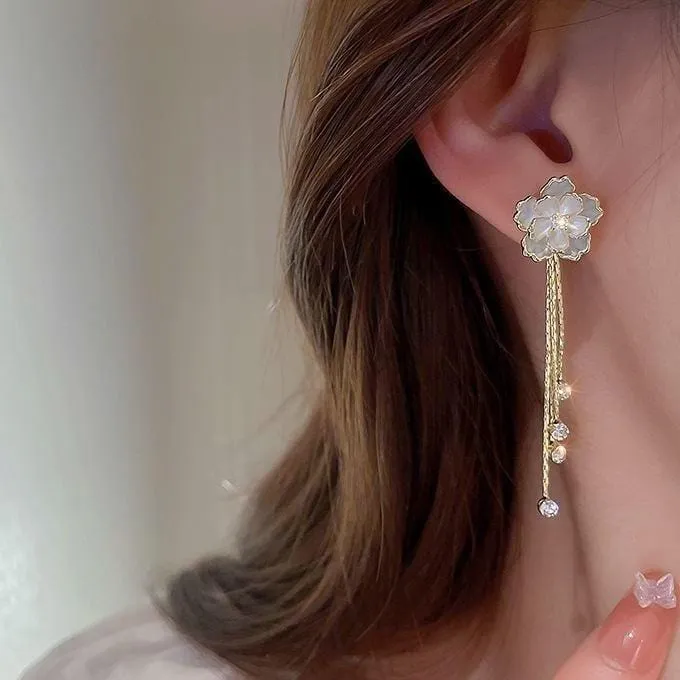 Enamel Camellia Flower Rhinestone Chain Tassel Earrings