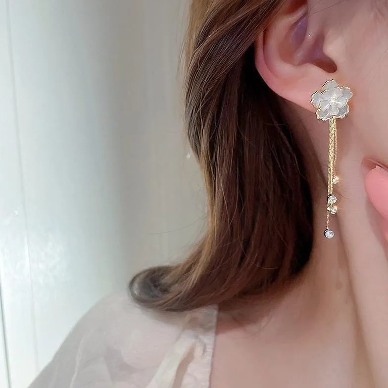 Enamel Camellia Flower Rhinestone Chain Tassel Earrings