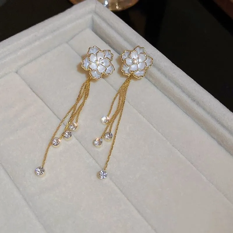 Enamel Camellia Flower Rhinestone Chain Tassel Earrings