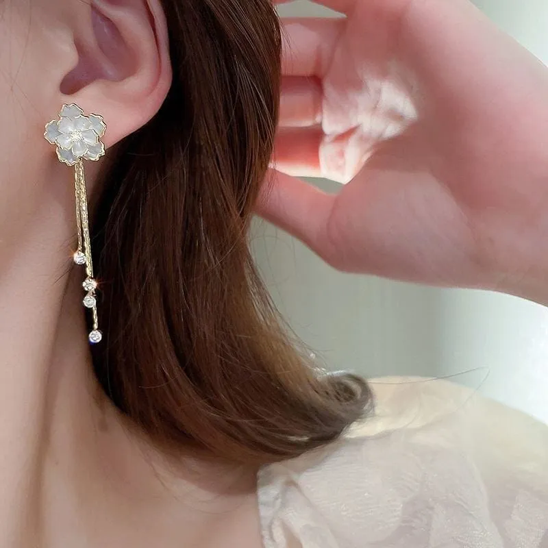 Enamel Camellia Flower Rhinestone Chain Tassel Earrings