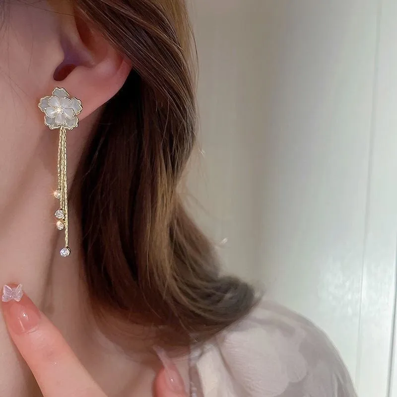 Enamel Camellia Flower Rhinestone Chain Tassel Earrings