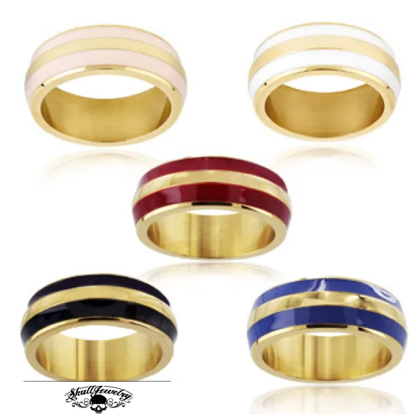 Enamel Double Striped Gold Plated Band Ring - Blue, Red, White or Pink (409)