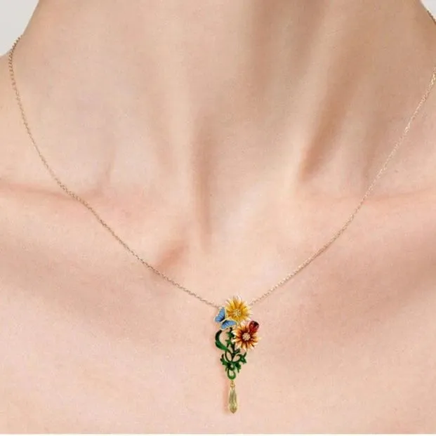Enamel Flowers & Butterfly with Diamond Pendant