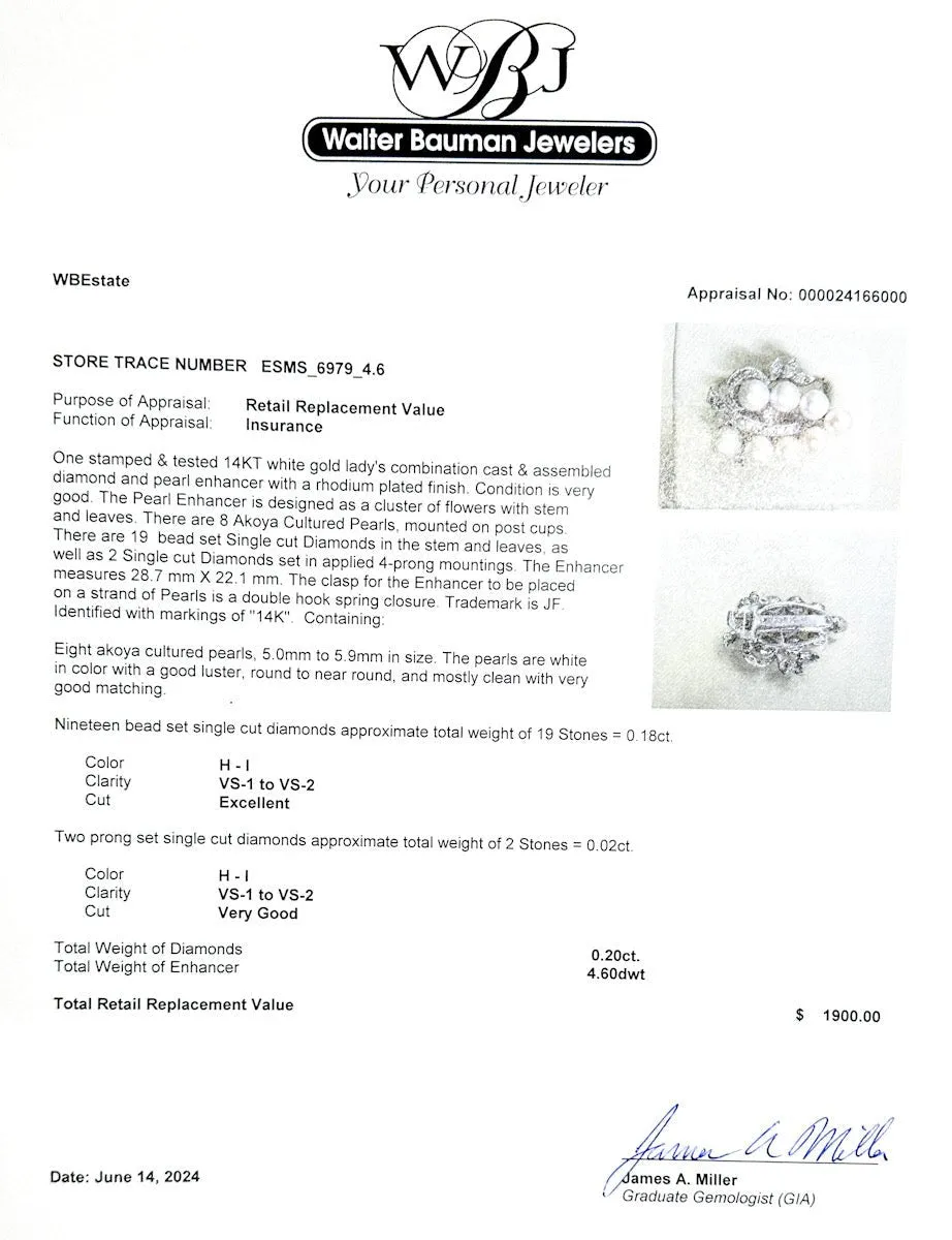 Estate 14K W Gold 0.20ctw H-I/VS1-2 Diamond & Akoya Pearl Enhancer