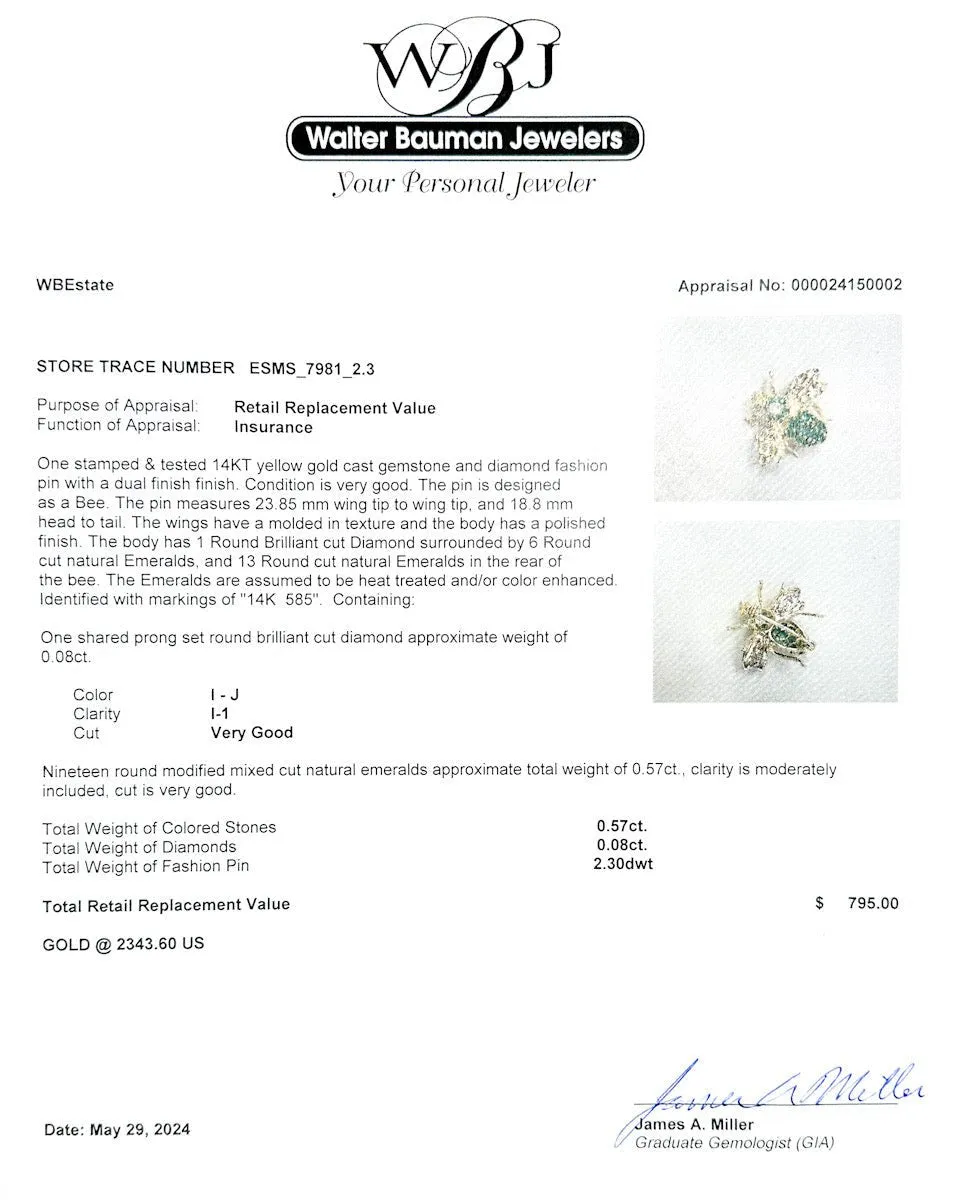 Estate 14K Y Gold 0.57ctw Emerald & 0.08ct I-J/I1 Diamond Bee Pin