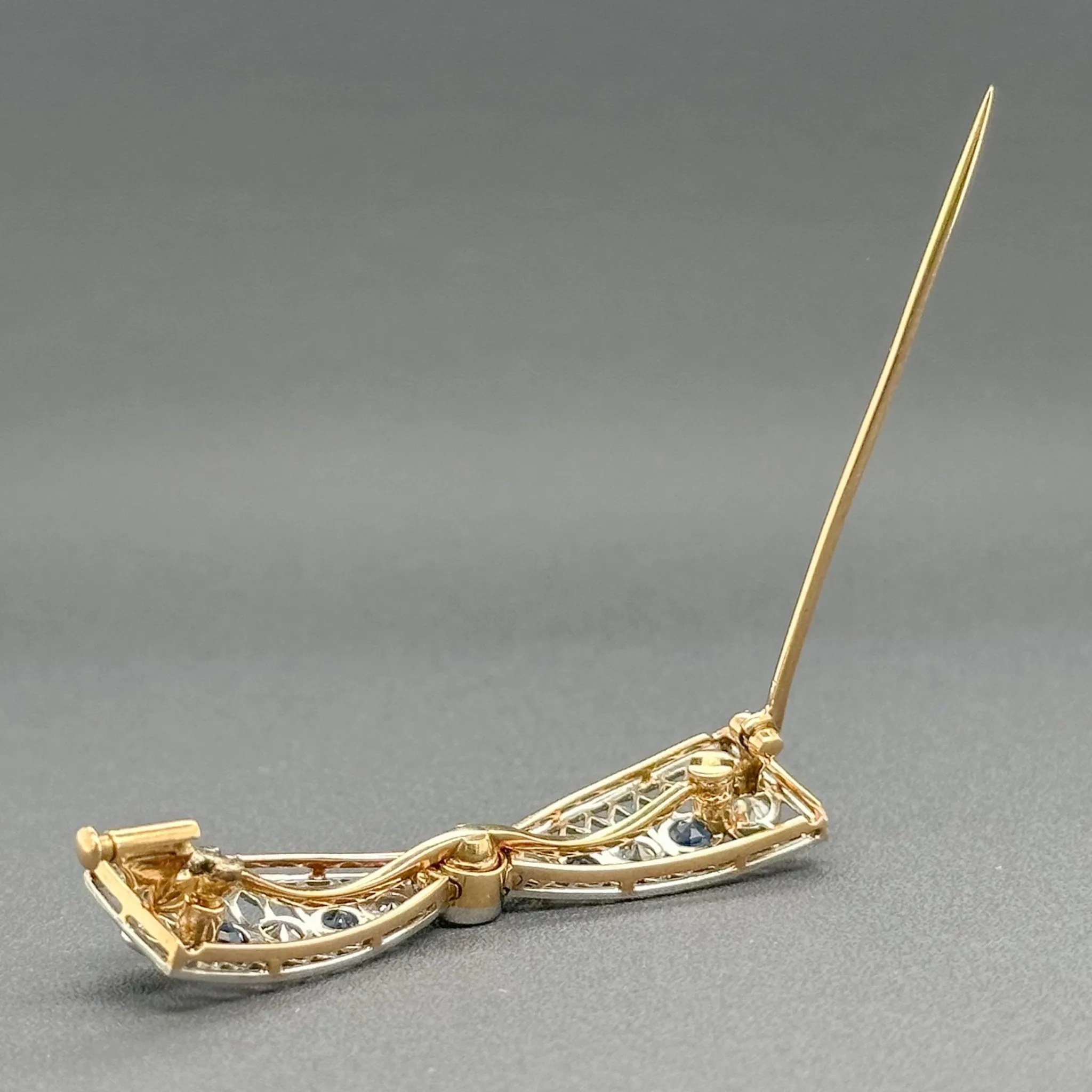 Estate 14K Y Gold 0.84cttw Sapphire & 0.55cttw G-H/SI1-2 Diamond Bow Pin
