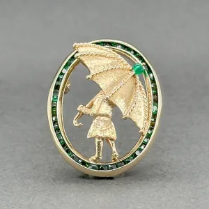 Estate 14K Y Gold 2.57ctw Garnet & Chrysoprase Girl w. Umbrella Pin
