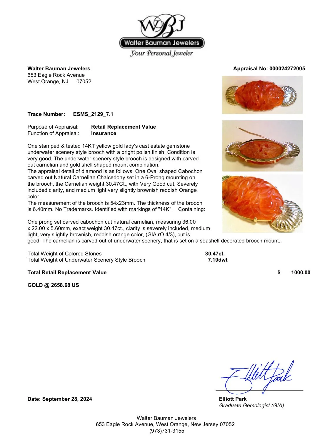Estate 14K Y Gold 30.47ct Carnelian Brooch