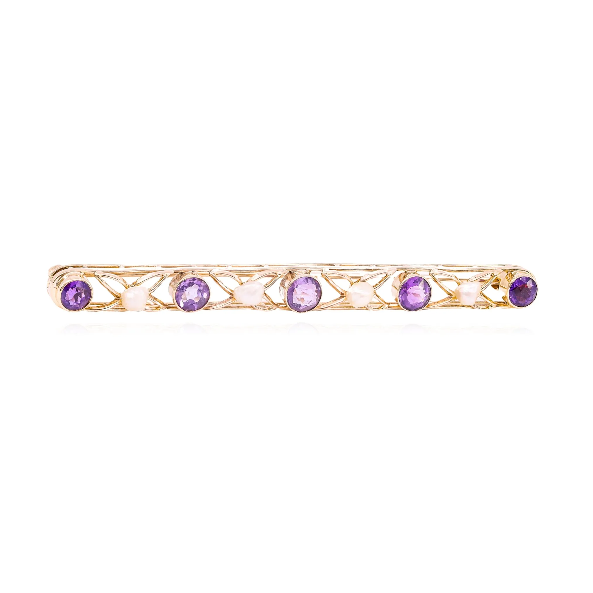ESTATE 14K YELLOW GOLD AMETHYST AND SEED PEARL BAR PIN